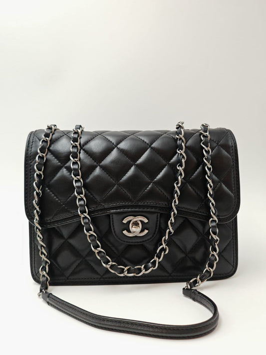 Chanel Classic Double Flap Bag – Black Calfskin with Aged Silver & Black-Tone Hardware
