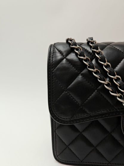 Chanel Classic Double Flap Bag – Black Calfskin with Aged Silver & Black-Tone Hardware