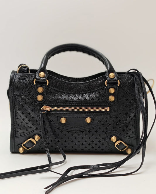 Balenciaga Classic City Mini Tote in Black Laser-Cut Leather with Gold Hardware
