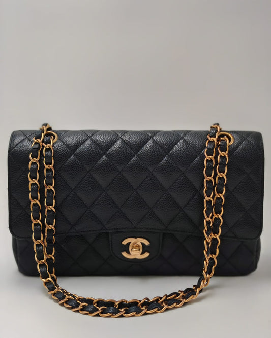 Chanel Classic Medium Double Flap Bag in Black Caviar Leather with Gold-Tone Hardware