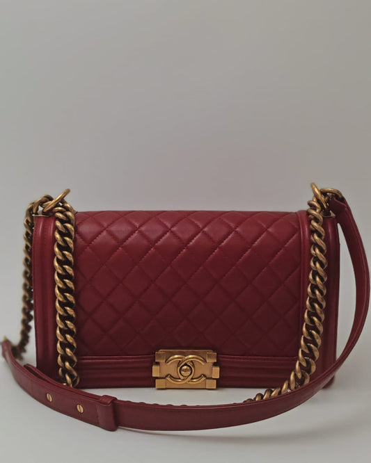 Chanel Old Medium Boy Bag in Red Quilted Calfskin Leather with Antique Gold Hardware (Used)