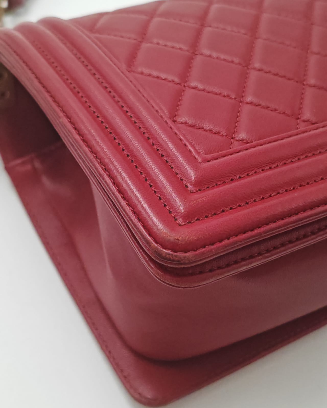 Chanel Old Medium Boy Bag in Red Quilted Calfskin Leather with Antique Gold Hardware (Used)