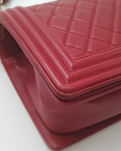 Chanel Old Medium Boy Bag in Red Quilted Calfskin Leather with Antique Gold Hardware (Used)
