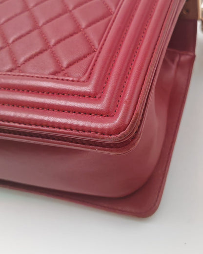 Chanel Old Medium Boy Bag in Red Quilted Calfskin Leather with Antique Gold Hardware (Used)