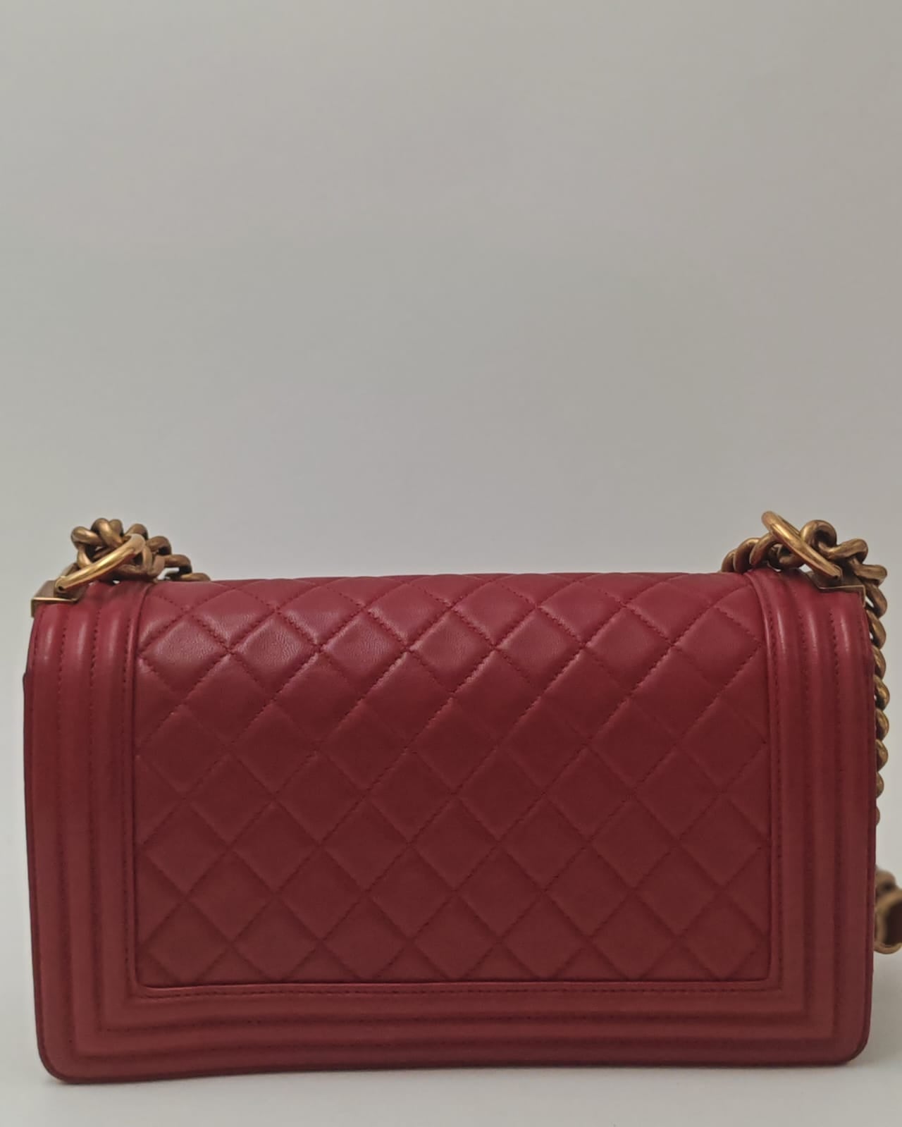 Chanel Old Medium Boy Bag in Red Quilted Calfskin Leather with Antique Gold Hardware (Used)