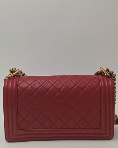Chanel Old Medium Boy Bag in Red Quilted Calfskin Leather with Antique Gold Hardware (Used)