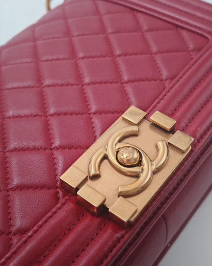Chanel Old Medium Boy Bag in Red Quilted Calfskin Leather with Antique Gold Hardware (Used)