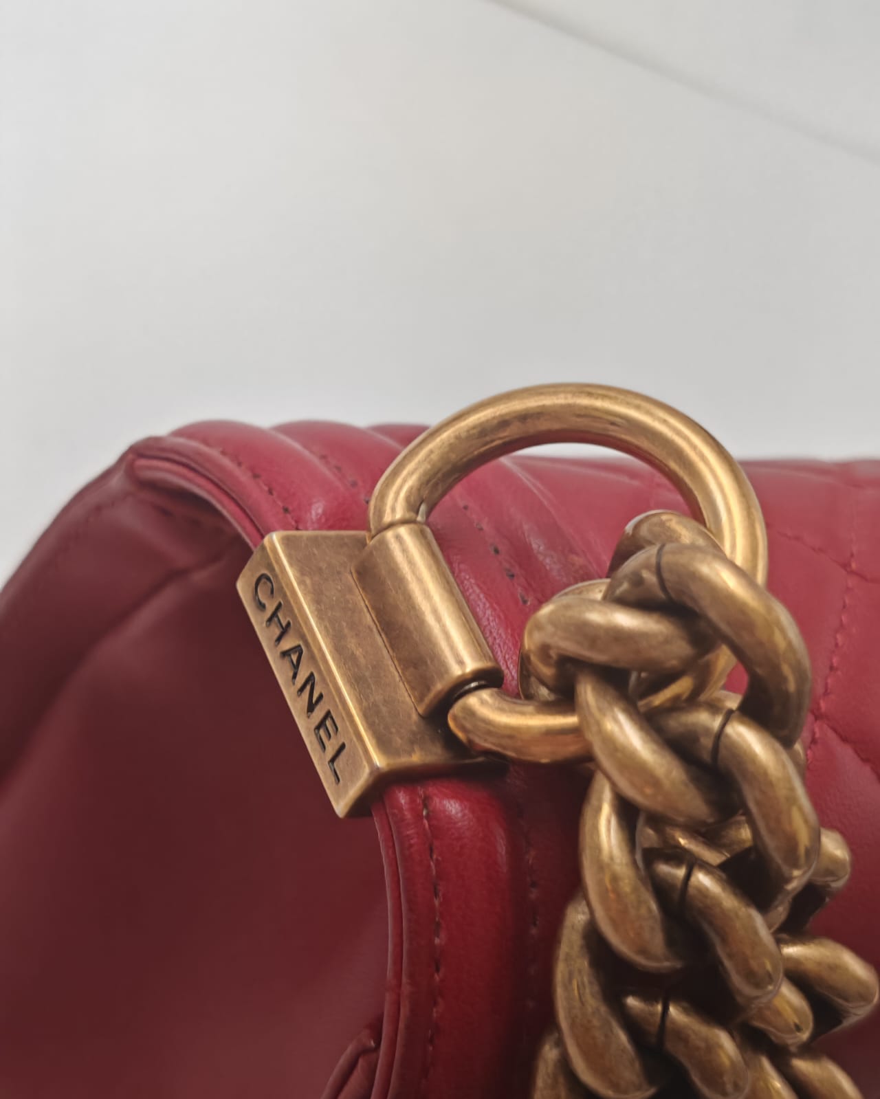 Chanel Old Medium Boy Bag in Red Quilted Calfskin Leather with Antique Gold Hardware (Used)