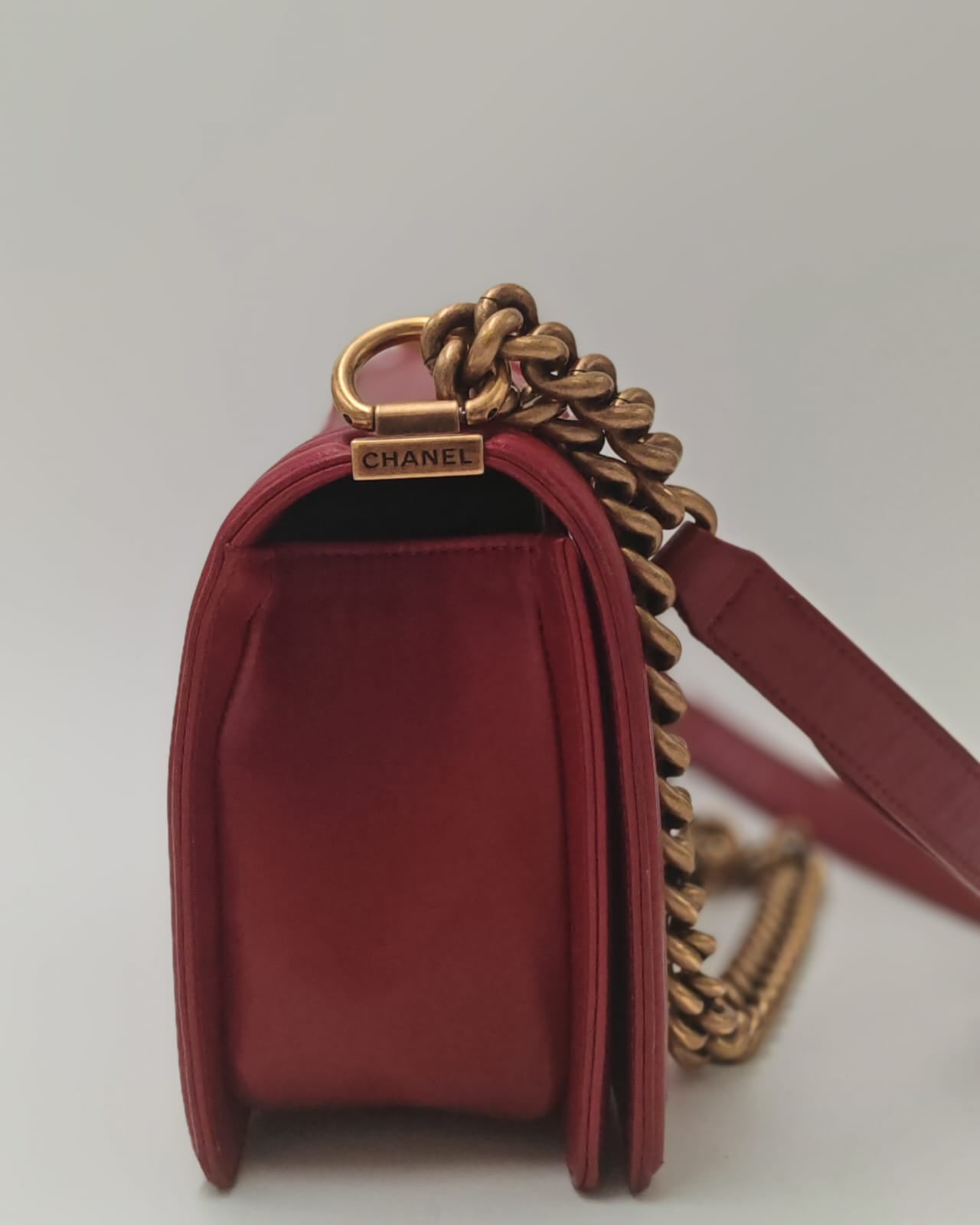 Chanel Old Medium Boy Bag in Red Quilted Calfskin Leather with Antique Gold Hardware (Used)