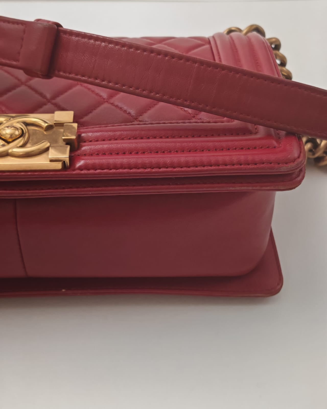 Chanel Old Medium Boy Bag in Red Quilted Calfskin Leather with Antique Gold Hardware (Used)
