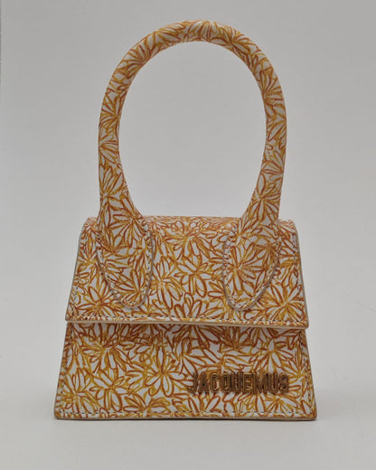 Jacquemus Le Chiquito Mini Top Handle Bag in Mustard Floral Canvas