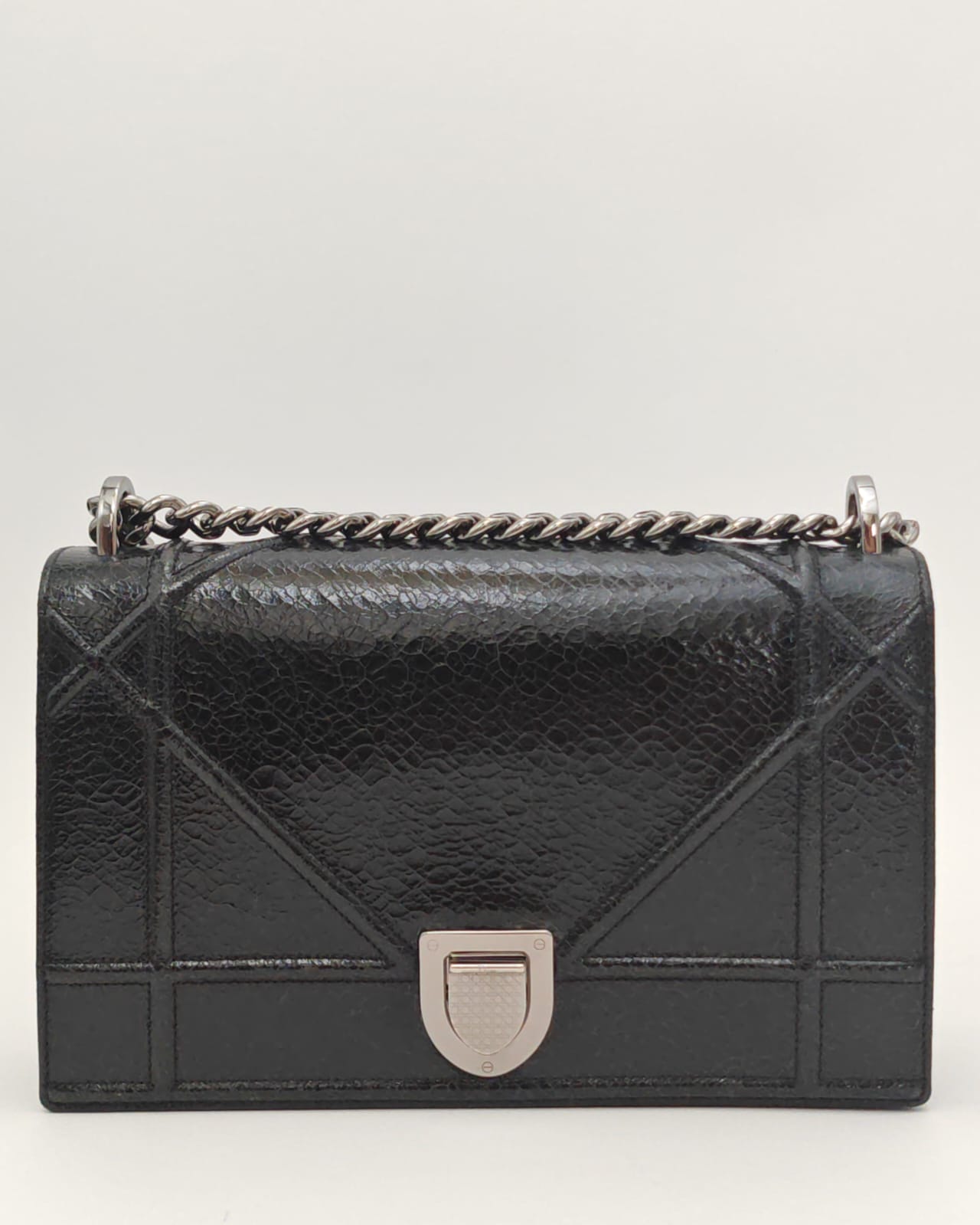 Christian Dior Diorama Flap Bag in Black Crinkled Patent Calfskin with Silver-Tone Hardware
