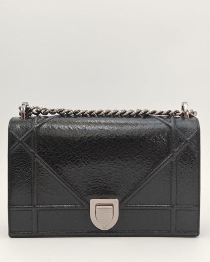 Christian Dior Diorama Flap Bag in Black Crinkled Patent Calfskin with Silver-Tone Hardware