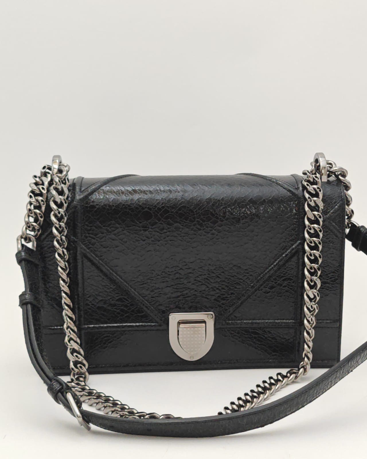 Christian Dior Diorama Flap Bag in Black Crinkled Patent Calfskin with Silver-Tone Hardware