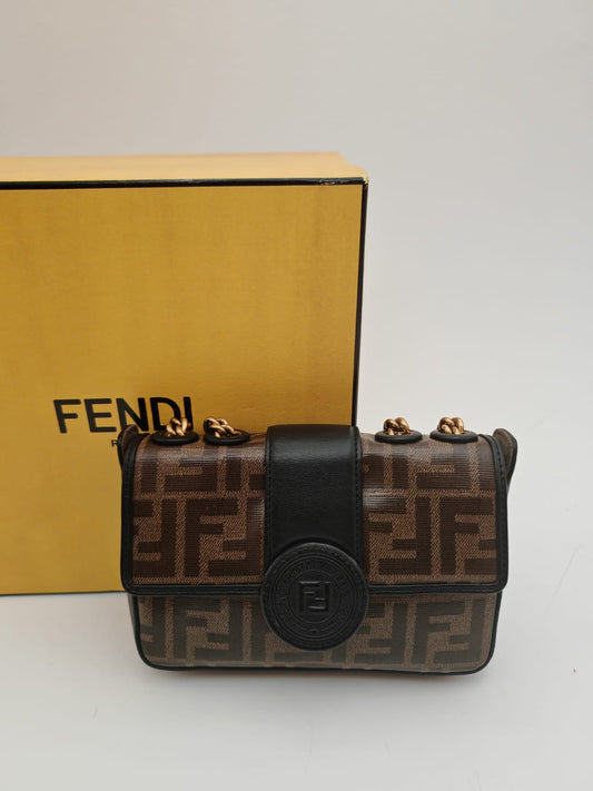 Fendi Kan U Small FF Canvas Shoulder Bag with Chain Strap