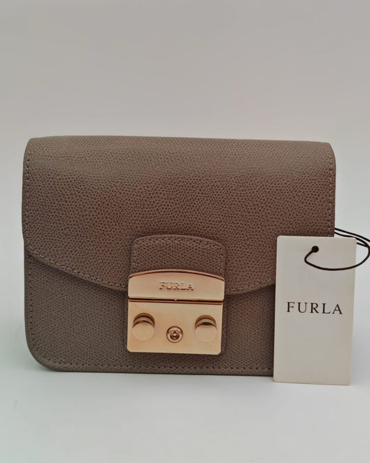 FURLA Metropolis Mini Crossbody Bag in Taupe Textured Leather-Brand New