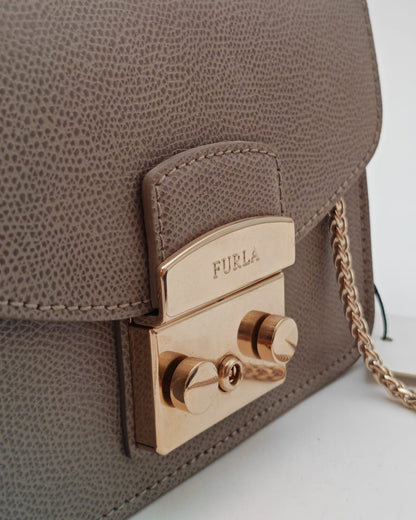 FURLA Metropolis Mini Crossbody Bag in Taupe Textured Leather-Brand New
