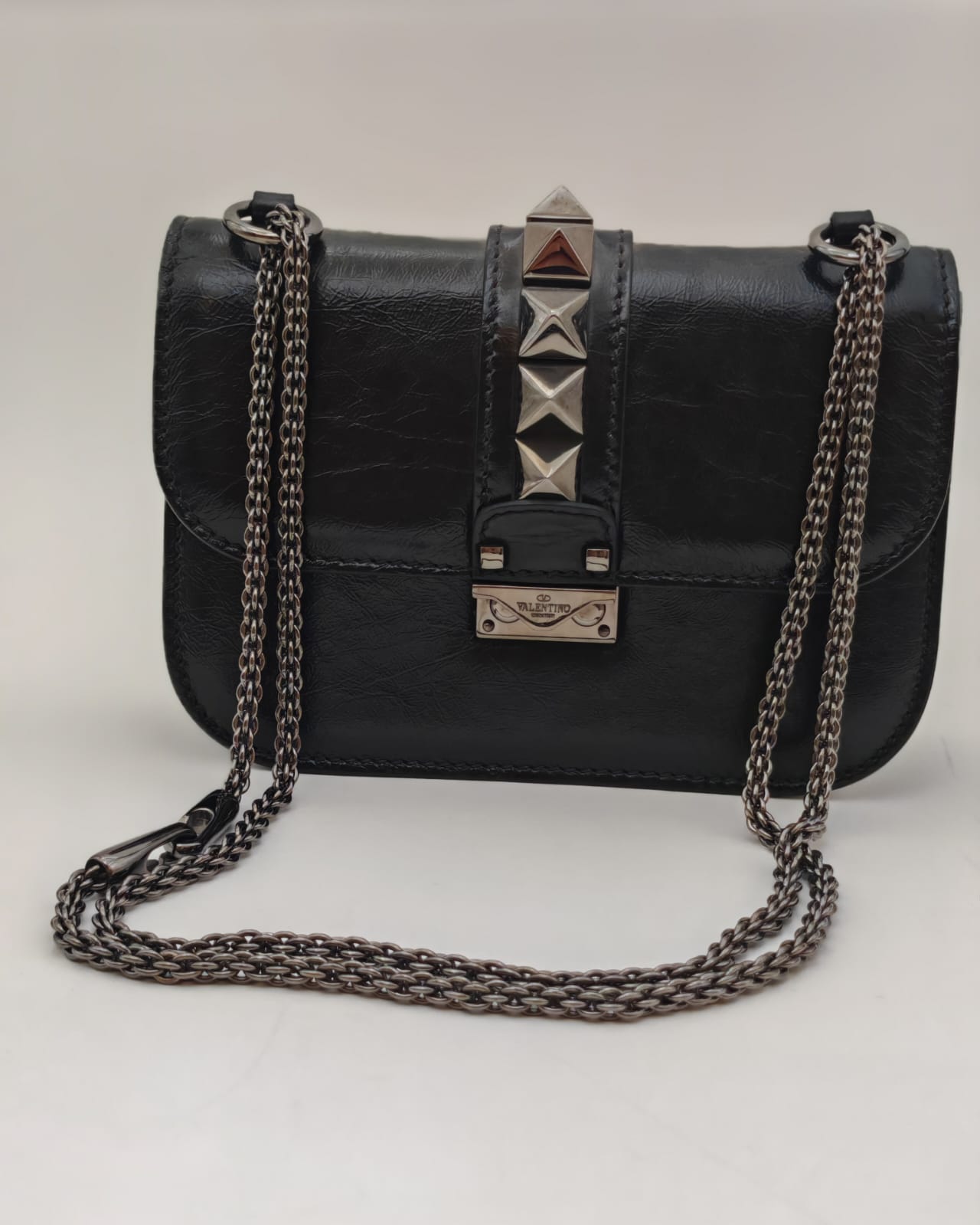 Valentino Garavani Rockstud Crossbody Bag in Black Crinkled Leather