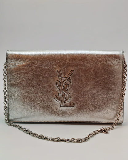 Saint Laurent Metallic Silver Crinkled Leather Monogram Chain Wallet