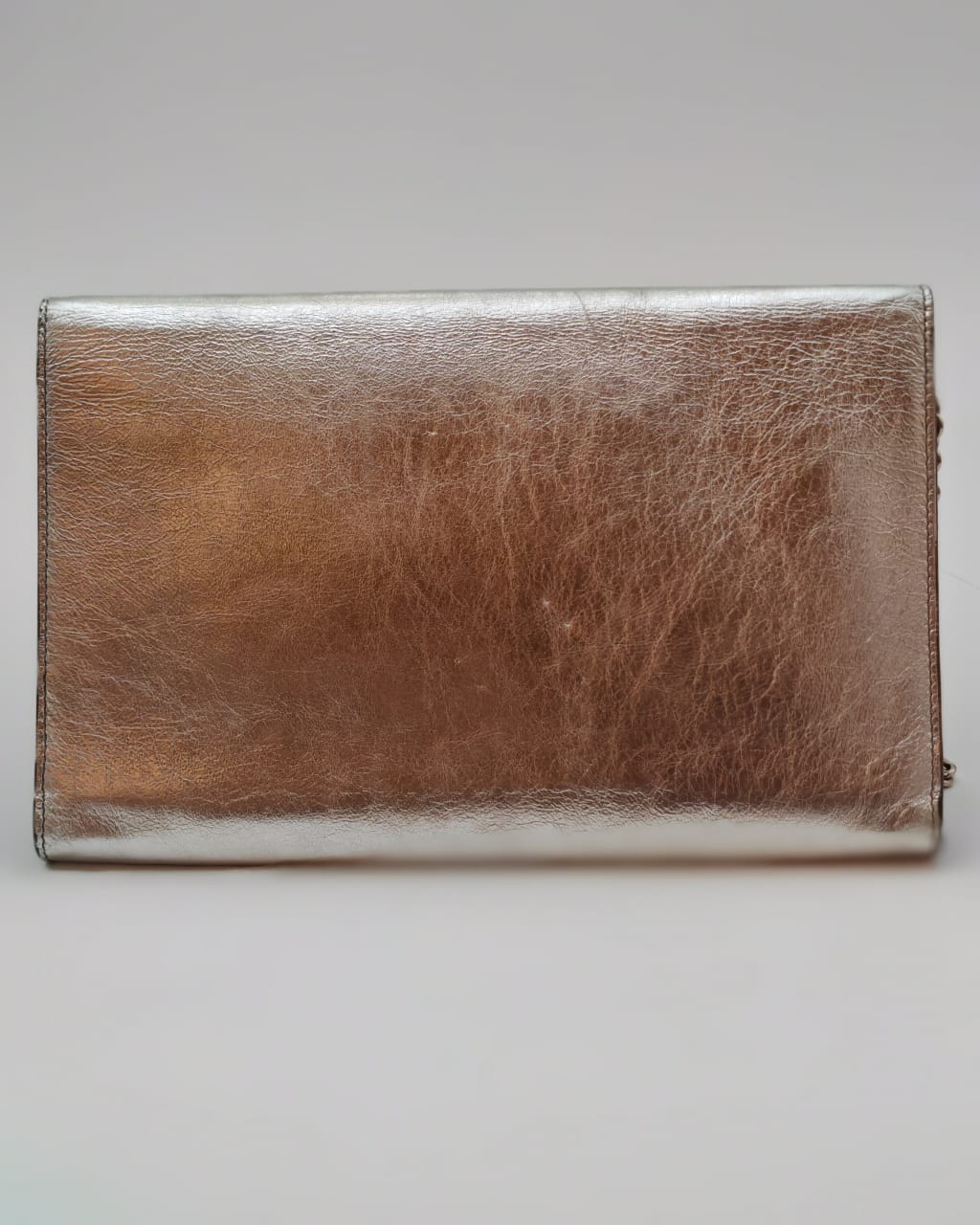 Saint Laurent Metallic Silver Crinkled Leather Monogram Chain Wallet