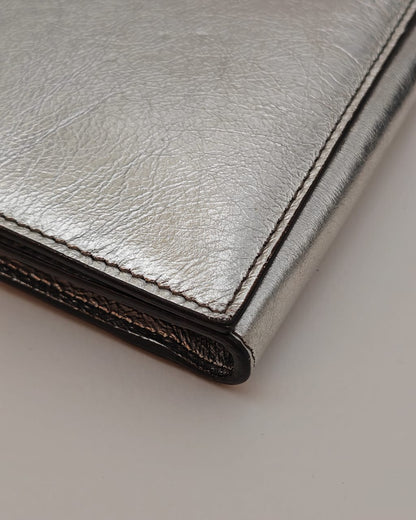 Saint Laurent Metallic Silver Crinkled Leather Monogram Chain Wallet