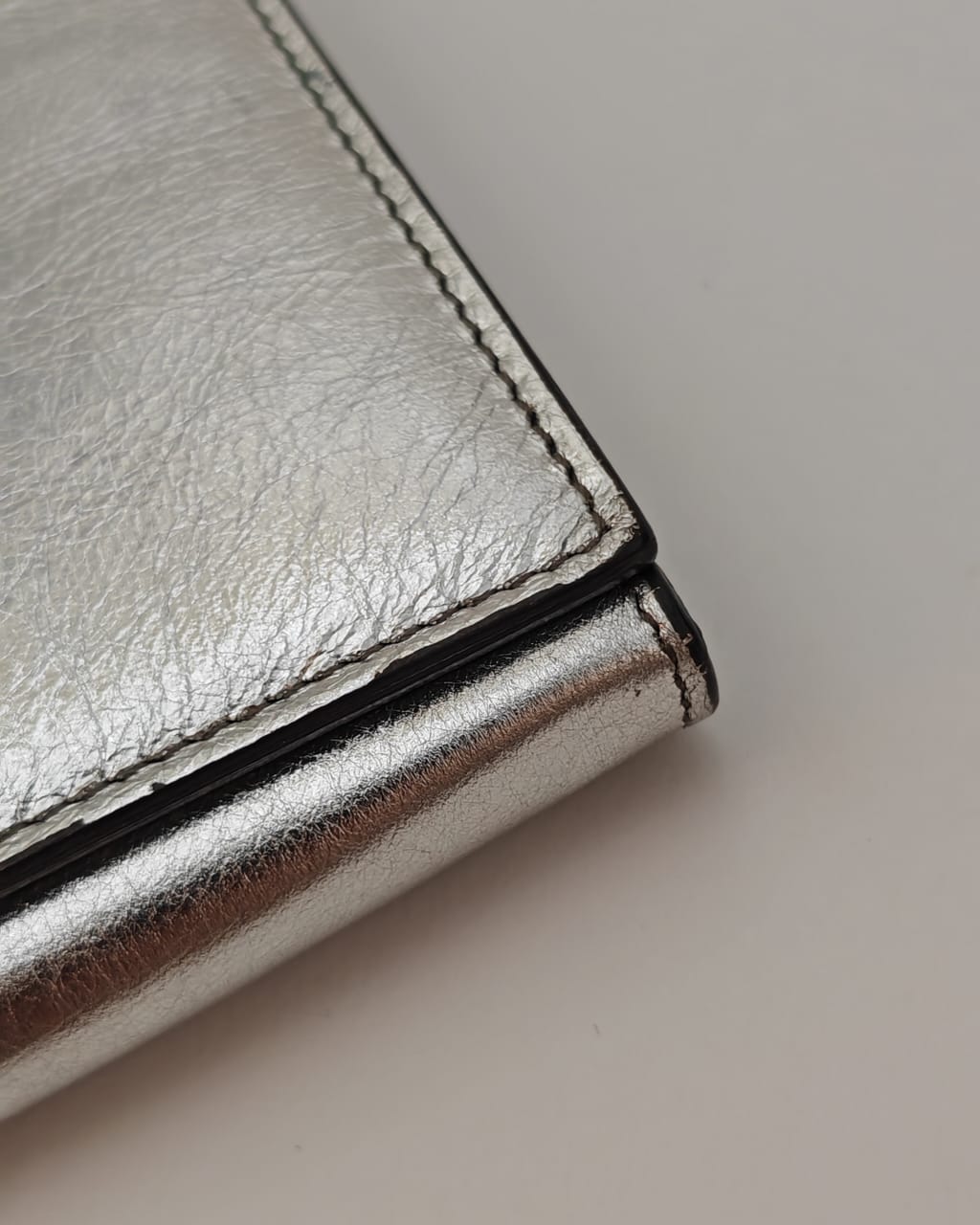 Saint Laurent Metallic Silver Crinkled Leather Monogram Chain Wallet