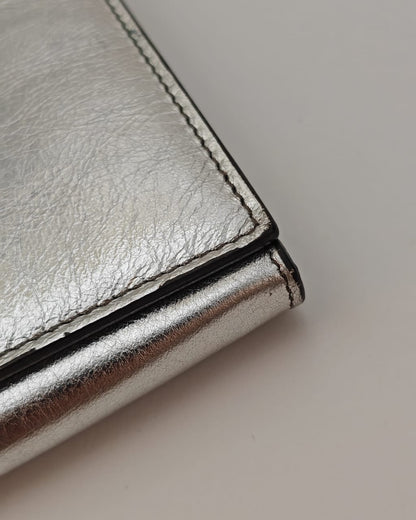 Saint Laurent Metallic Silver Crinkled Leather Monogram Chain Wallet