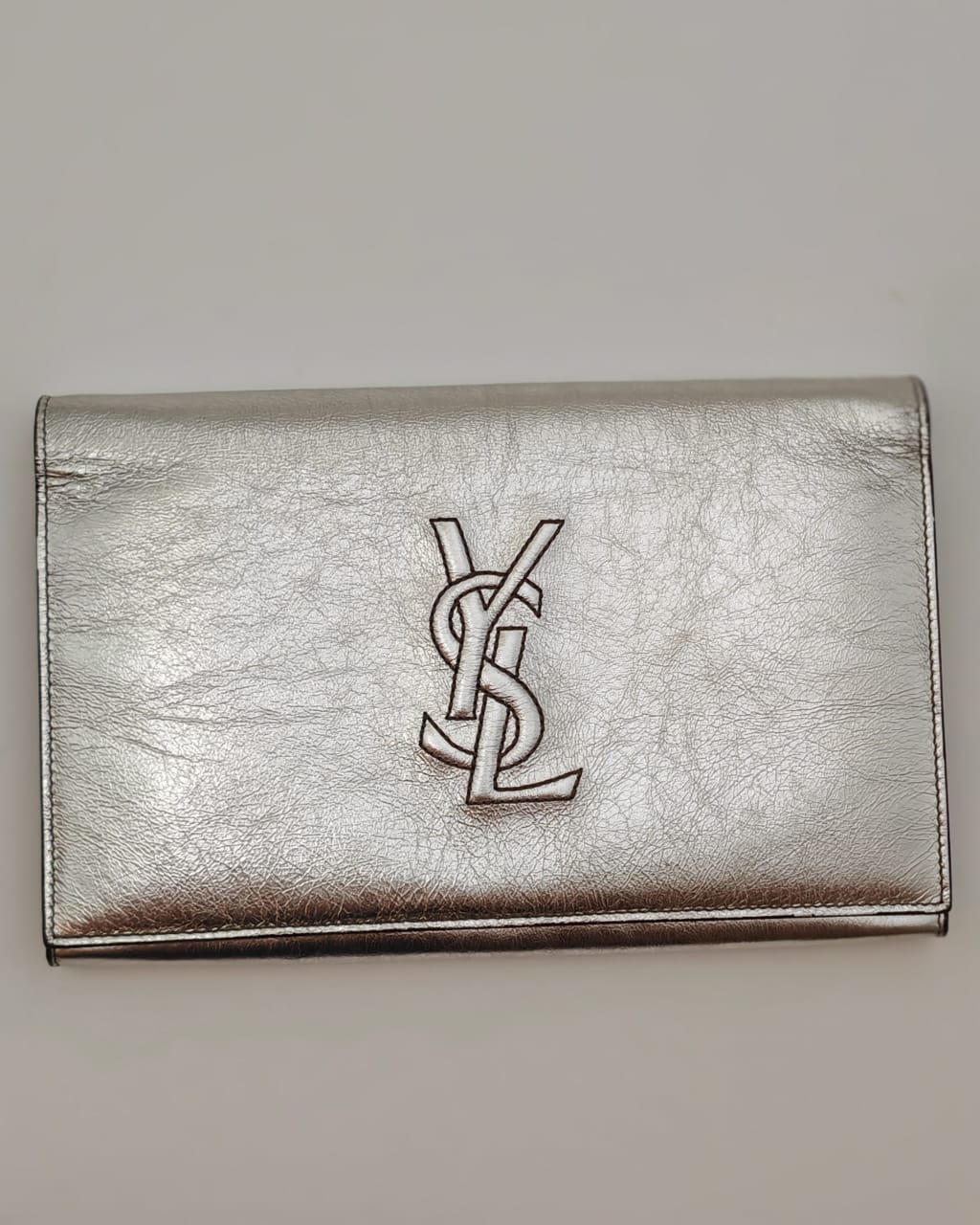 Saint Laurent Metallic Silver Crinkled Leather Monogram Chain Wallet