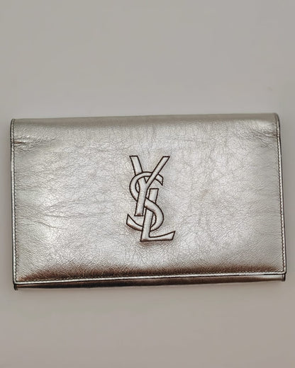 Saint Laurent Metallic Silver Crinkled Leather Monogram Chain Wallet