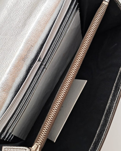 Saint Laurent Metallic Silver Crinkled Leather Monogram Chain Wallet