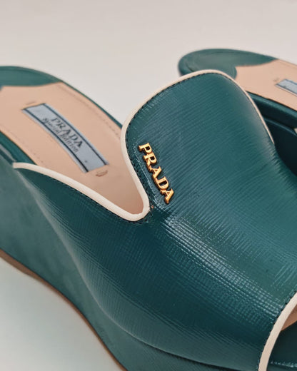 PRADA Wedge Platform Saffiano Sandals
