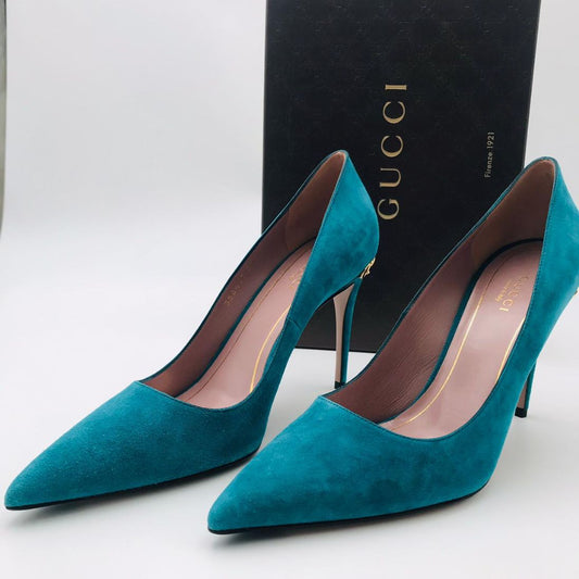 Gucci Turquoise Suede Adina Horsebit Detail Pump