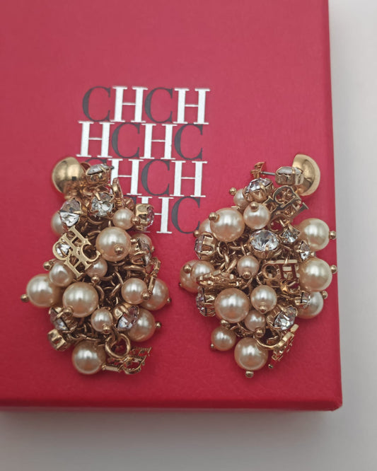 Carolina Herrera CH Pearl & Crystal Logo Earrings