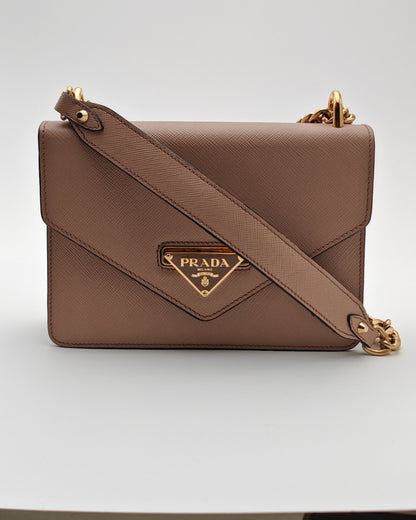 Prada Diagramme Envelope Shoulder Bag in Nude Saffiano Leather with Gold Hardware.