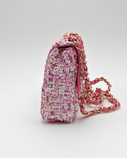 Chanel Mini Flap Bag in Pink Sequin Tweed with Gold Hardware.
