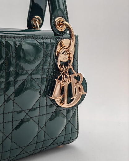 Christian Dior Lady Dior Mini in Deep Green Patent Cannage Leather with Gold Hardware