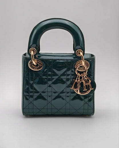 Christian Dior Lady Dior Mini in Deep Green Patent Cannage Leather with Gold Hardware