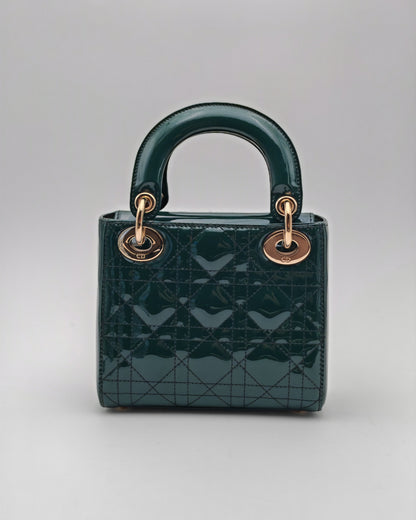 Christian Dior Lady Dior Mini in Deep Green Patent Cannage Leather with Gold Hardware