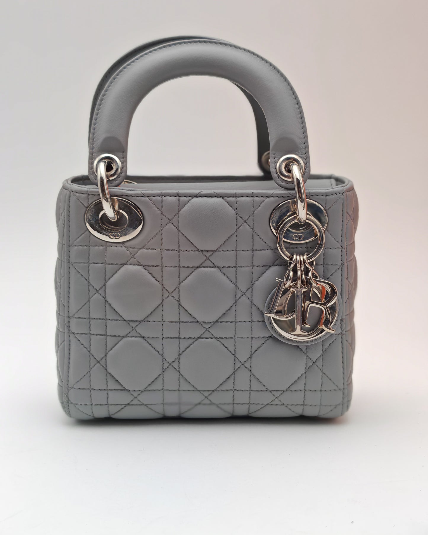 Christian Dior Lady Dior Mini in Grey Lambskin with Crystal-Embellished Strap