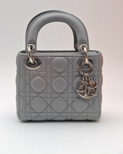 Christian Dior Lady Dior Mini in Grey Lambskin with Crystal-Embellished Strap