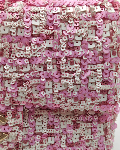 Chanel Mini Flap Bag in Pink Sequin Tweed with Gold Hardware.