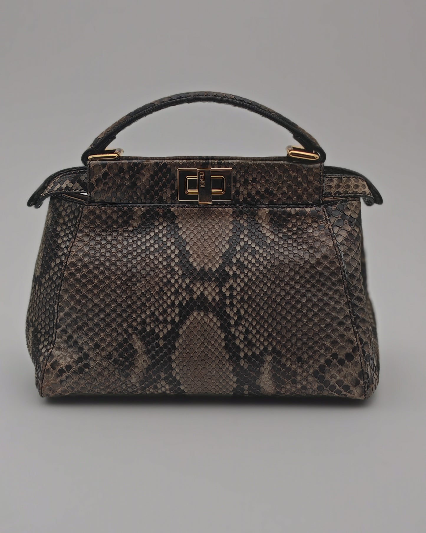 Fendi Mini Peekaboo Bag in Brown Python with Gold Hardware.