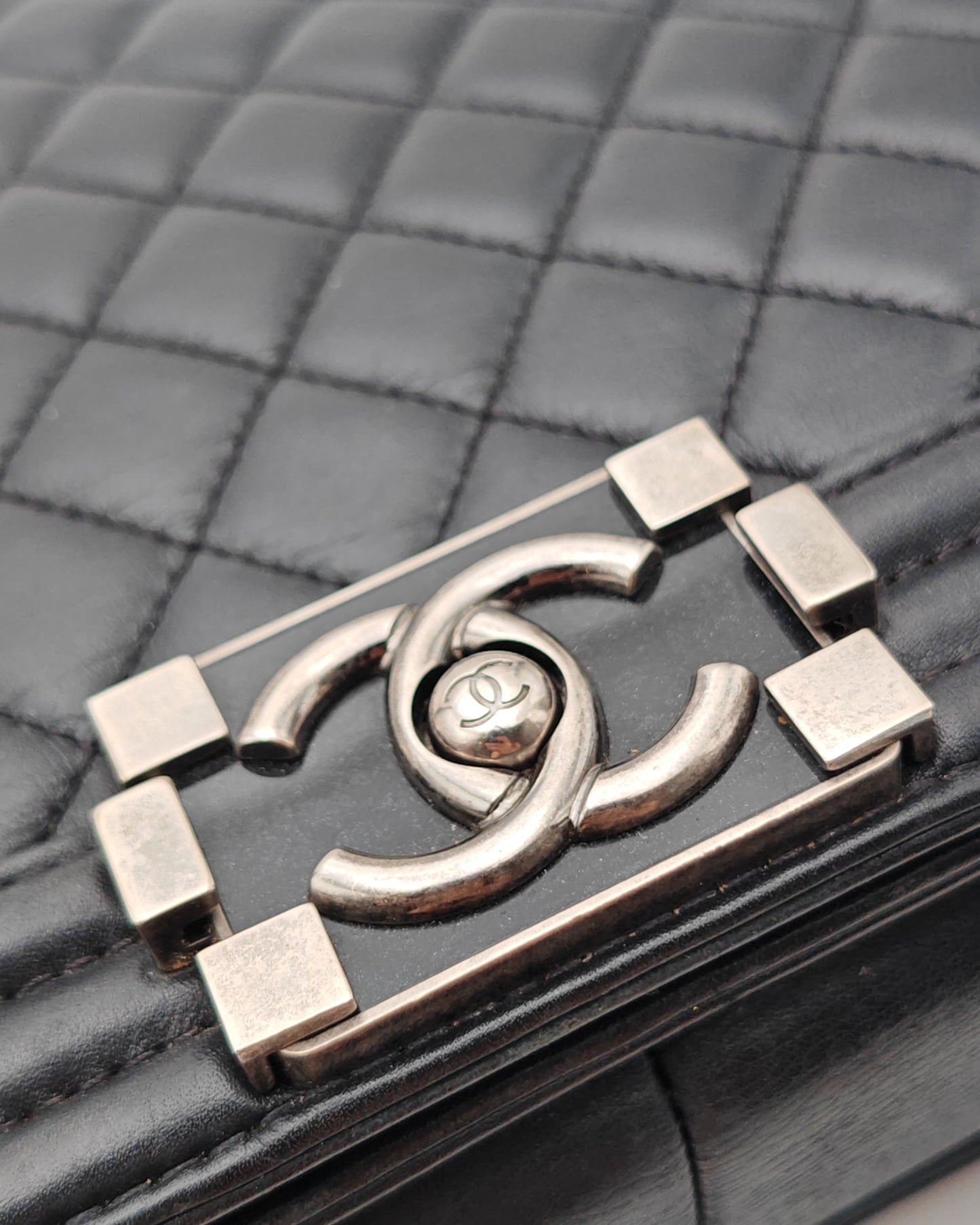 Chanel Boy Bag Large in Navy Quilted Calfskin with Ruthenium Hardware.