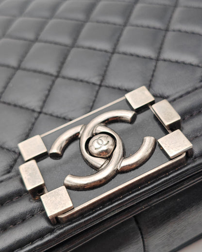 Chanel Boy Bag Large in Navy Quilted Calfskin with Ruthenium Hardware.