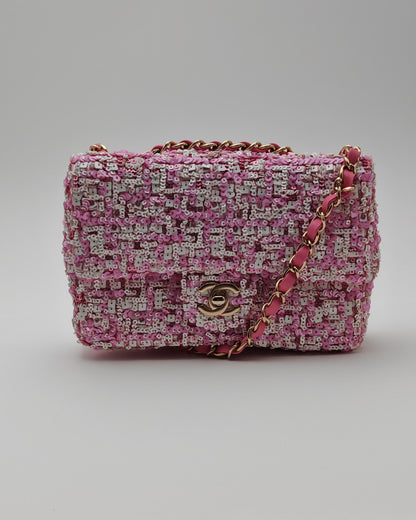 Chanel Mini Flap Bag in Pink Sequin Tweed with Gold Hardware.