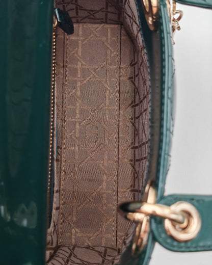 Christian Dior Lady Dior Mini in Deep Green Patent Cannage Leather with Gold Hardware