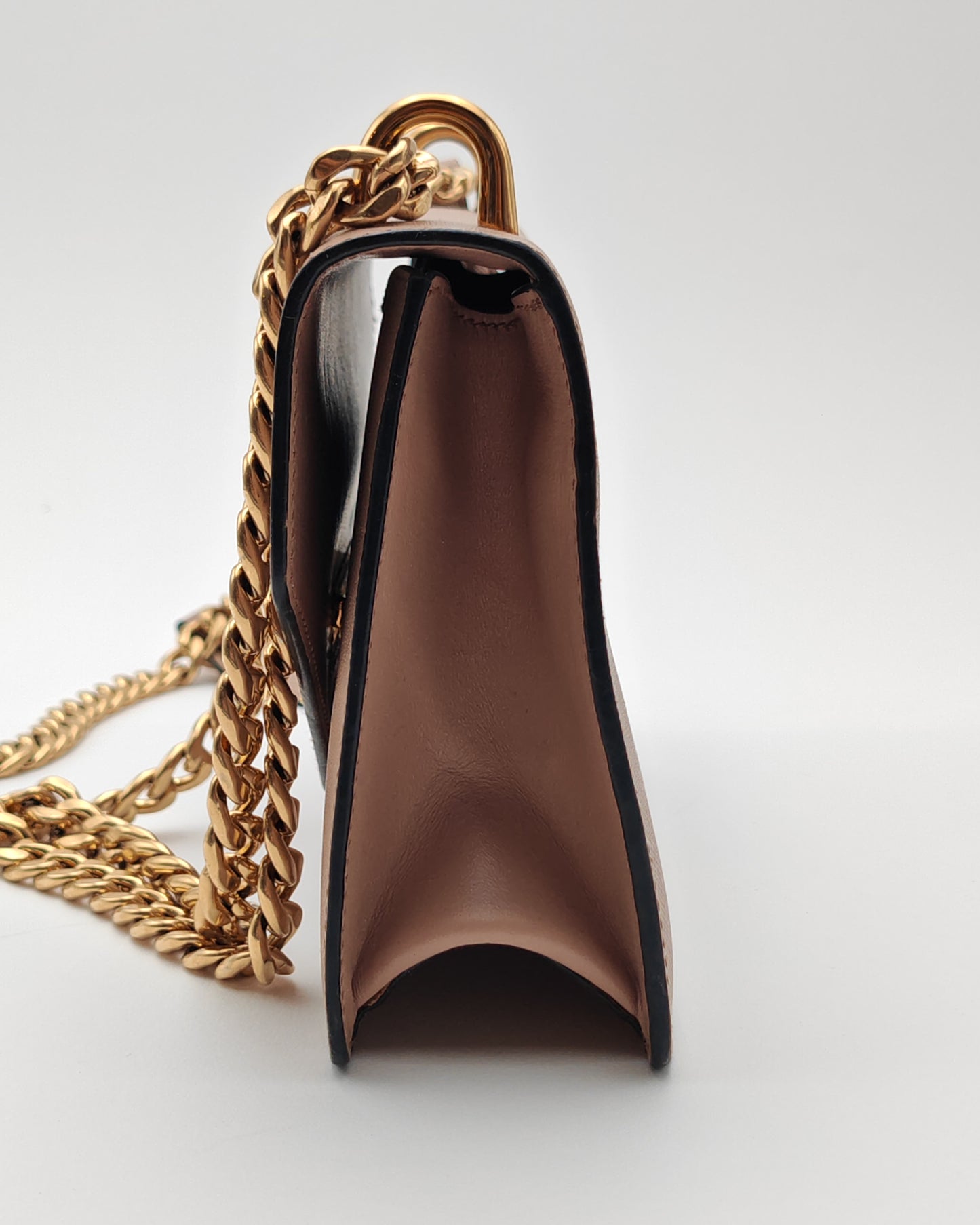 Prada Diagramme Envelope Shoulder Bag in Nude Saffiano Leather with Gold Hardware.