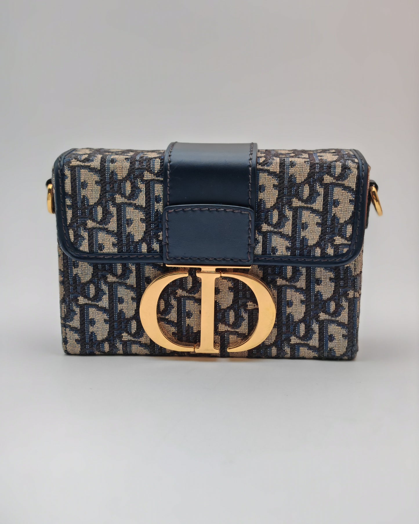 Christian Dior 30 Montaigne Box Bag in Blue Oblique Canvas with Gold Hardware