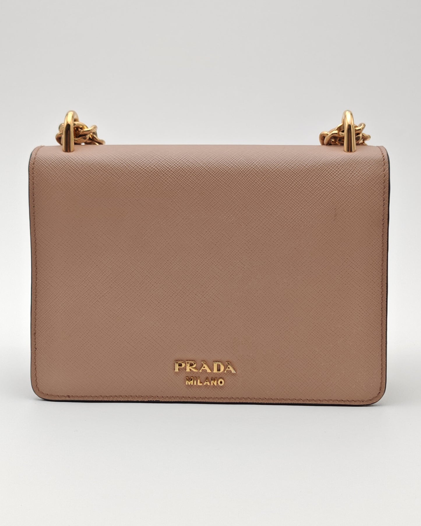 Prada Diagramme Envelope Shoulder Bag in Nude Saffiano Leather with Gold Hardware.