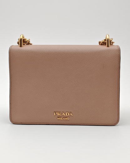 Prada Diagramme Envelope Shoulder Bag in Nude Saffiano Leather with Gold Hardware.